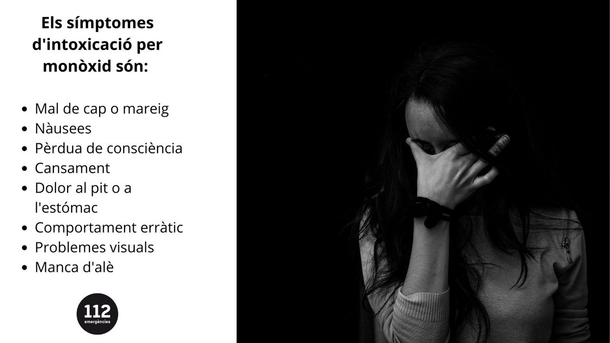 112's tweet photo. Els símptomes d'intoxicació per monòxid de carboni són aquests.  👇
Si notes algun d'aquests símptomes, truca al @112 https://t.co/Hkwav8uktZ