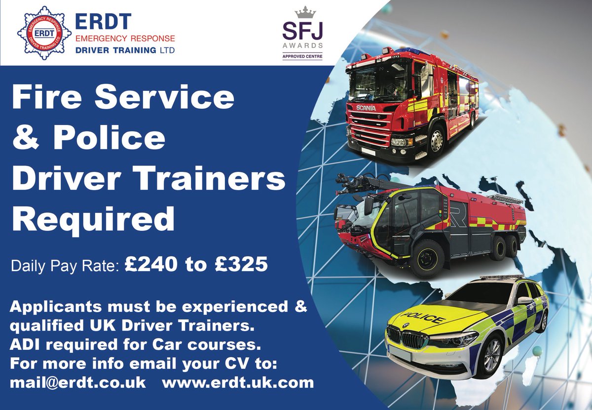ERDT_training's tweet photo. UK Fire &amp; Rescue, Airport Fire Service &amp; Police Driver Trainers are Required to deliver courses on a Freelance basis. Daily Pay Rate: £240 to £325.

The positions are for experienced UK driver Trainers; for more info, please email your CV to mail@erdt.co.uk #fire #police #rffs https://t.co/ot8zAL7wVP