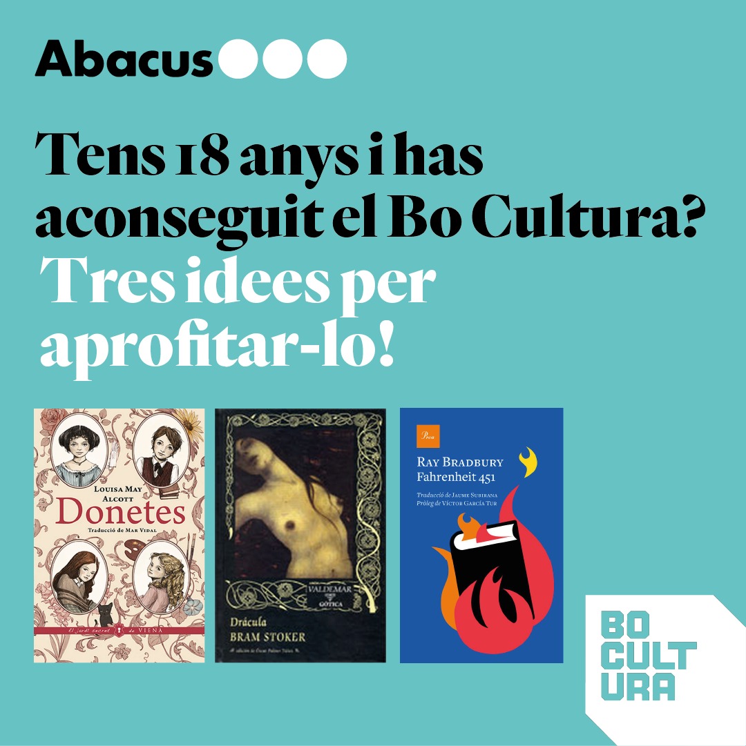 abacus_botigues's tweet photo. 📚 3 clàssics que no poden faltar a la teva biblioteca i pots bescanviar amb el #BoCulturaJove!
✅ "Donetes", de #LouisaMay
✅ "Drácula", de #BramStocker
✅ "Fahrenheit 451", de #RayBradbury https://t.co/71YMWzWxde