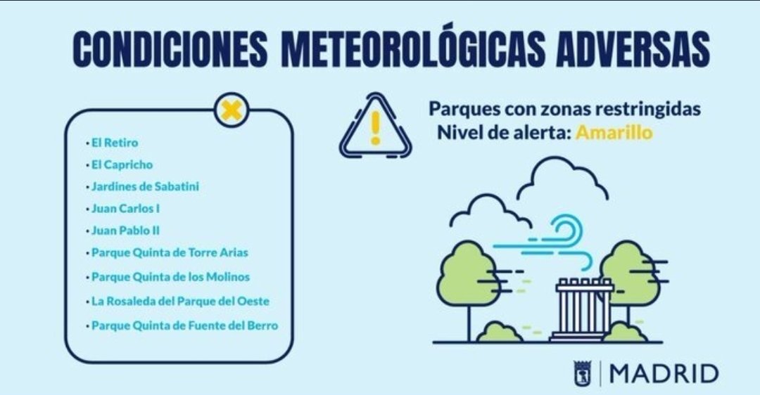 MADRID's tweet photo. 📢 Este martes, 24 de enero, de 12:00 a 18:00 h se activa la alerta amarilla 🟡 por condiciones meteorológicas adversas según previsiones de @AEMET_Esp. El Retiro y otros ocho parques de la ciudad mantendrán zonas balizadas.    

👉https://t.co/W2kcoE2FFw https://t.co/7QEmg6BcPG
