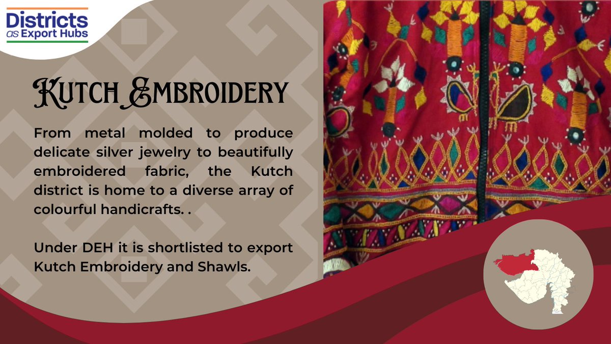 DEH_DGFT's tweet photo. Total exports from Kutch stood at USD 7469 M in FY22, making it the 11th top exporting district of India.
Textile products (Cotton Yarn/Fabs/Made-up, Handloom Products etc) have been amongst top 5 export commodities.
#DistrictsAsExportHubs #Export #TaleofTextiles #India https://t.co/mFFtYQW5Ys