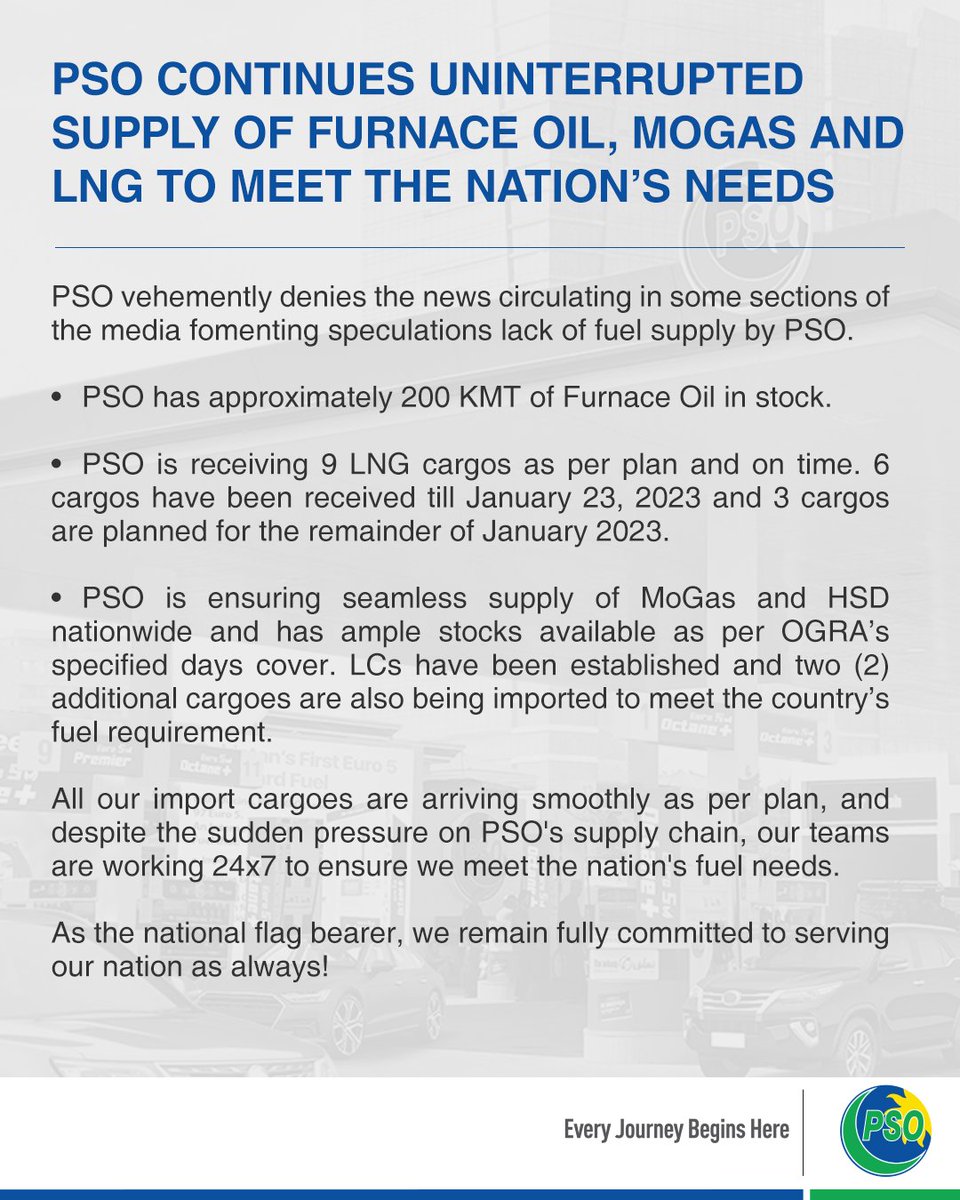 PSOPakistan's tweet photo. As the nation's own energy company, PSO continues uninterrupted supply of Furnace Oil, MoGas, and LNG to meet the nation’s energy needs.
#PSOUpdates #FuelSupply https://t.co/Ej41s2Z7kC