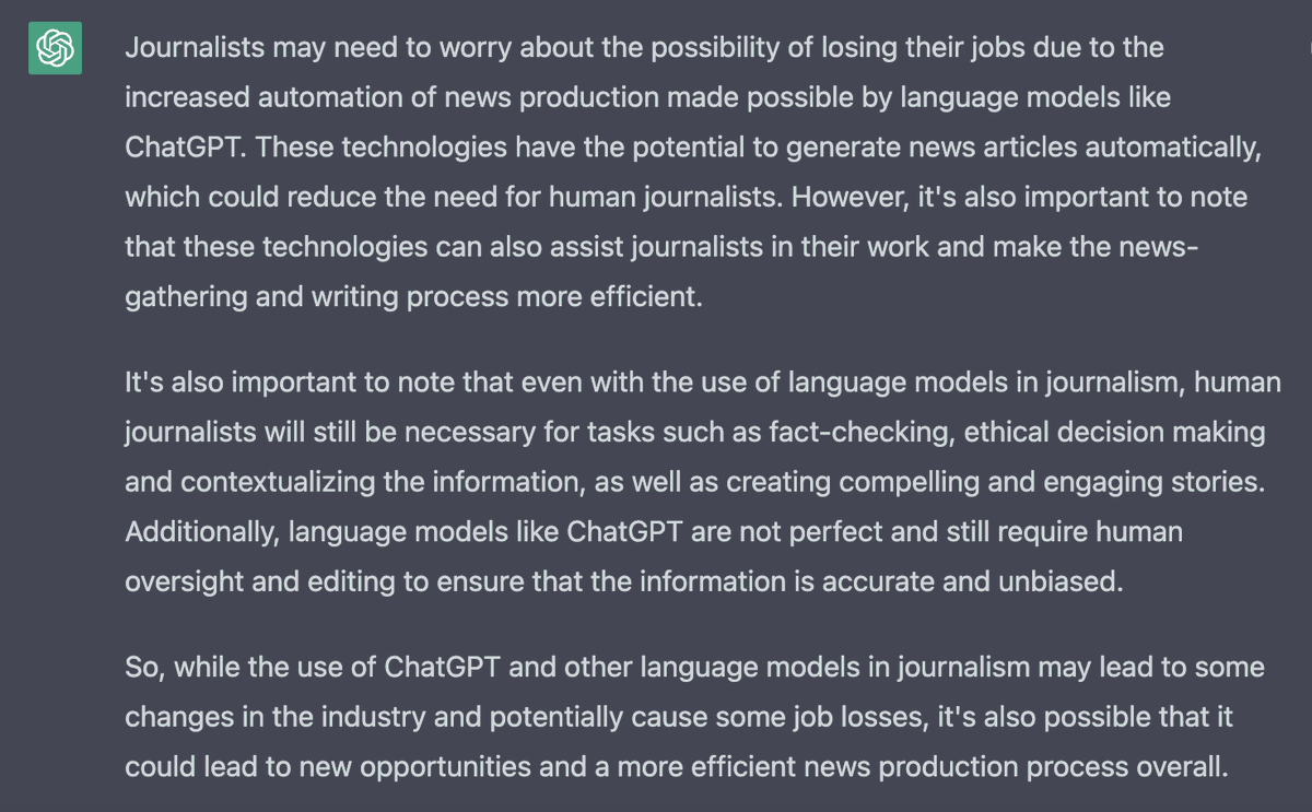 Everybody's talking about #ChatGPT and #AI's implications for journalism. We asked the chat bot whether journalists need to worry about losing their jobs to it (and other programmes like it). Its response was... diplomatic.