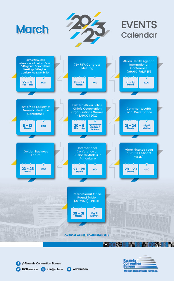 🔔UPDATE: Have a look at what #Rwanda is scheduled to host in Q1 of 2023.

For more details, visit our website at rcb.rw/calendar 

#MeetInRemarkableRwanda