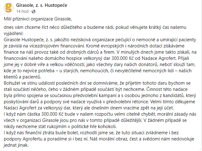 JanGrolich's tweet photo. Velké gesto. 
Domácí hospic vrací peníze Nadaci AGROFERT, protože nechtějí být součástí kampaně. A nejsou to malé peníze...
Tak jestli chcete taky udělat gesto, tak jim něco málo pošlete
👉 https://t.co/TeWt04CJEg https://t.co/0vECZ9c7MT