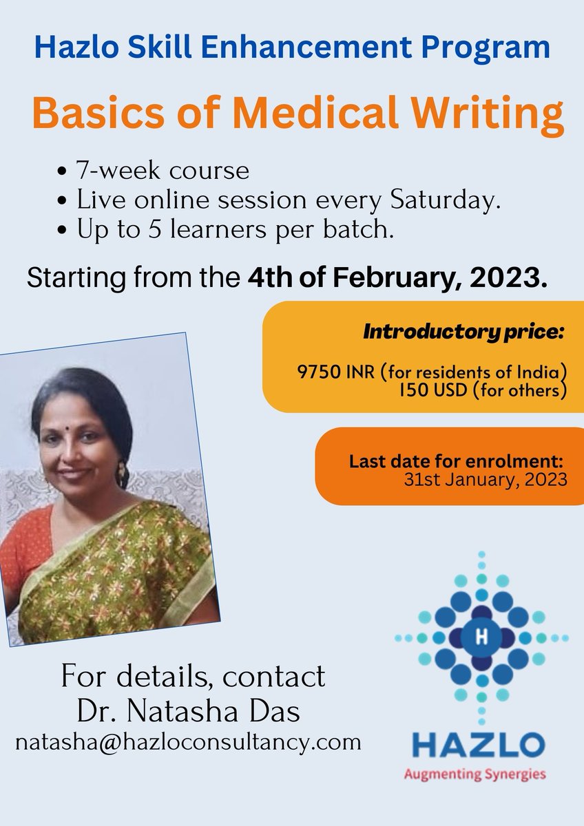 7-wk #online #course on "Basics of #MedicalWriting " 

Details and registration at  forms.gle/dsi3AaW9wVHxRf…  . #hazloconsultancy #HazloSEP  #medicalwritingcourse #scientificwriting #healthcontent #training