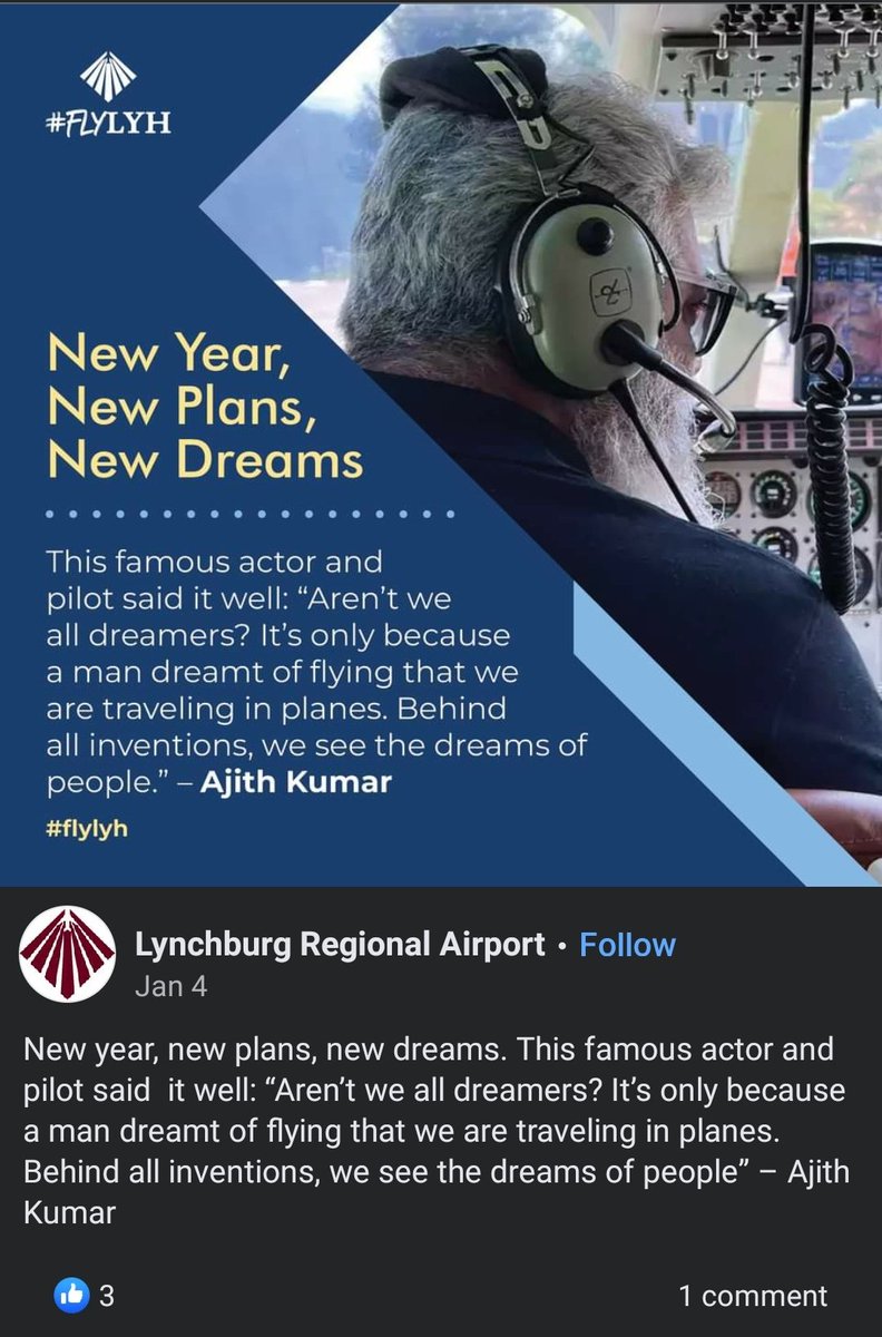 ajithFC's tweet photo. Lynchburg Regional Airport quoted Ajith sir's quote. 

"Aren't we all dreamers? It's only because man dreamt of flying that we are travelling in planes. Behind all inventions, we see the dreams of people. " - Ajith Kumar 

| #Ak #Ajith #AjithKumar | #Hvinoth |  #Thunivu | https://t.co/3MVEXZnth7