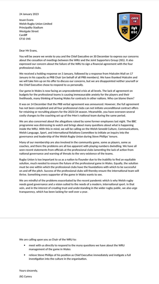 JSG Cymru (@jsgcymru) on Twitter photo An open letter to the chair of <a href="/WelshRugbyUnion/">Welsh Rugby Union 🏴</a>
#saveourgame
#eingêmeindyfodol An open letter to the chair of <a href="/WelshRugbyUnion/">Welsh Rugby Union 🏴</a>
#saveourgame
#eingêmeindyfodol
