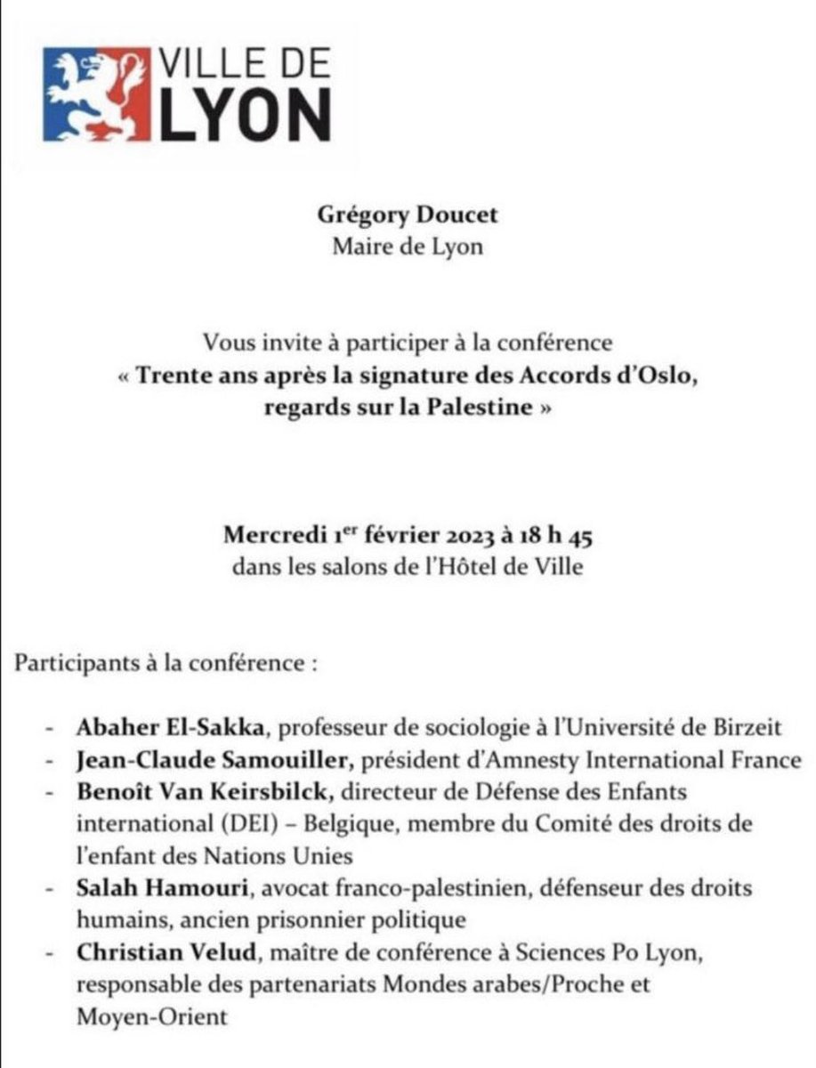 #SalahHamouri invité par la mairie de Lyon ⁦@Gregorydoucet⁩ ??? 
A quel jeu dangereux joue la mairie de Lyon ??? 
Les mots de haine antisémite/antisioniste  s'impriment dans les esprits faibles et conduisent toujours aux passages à l'acte violent.