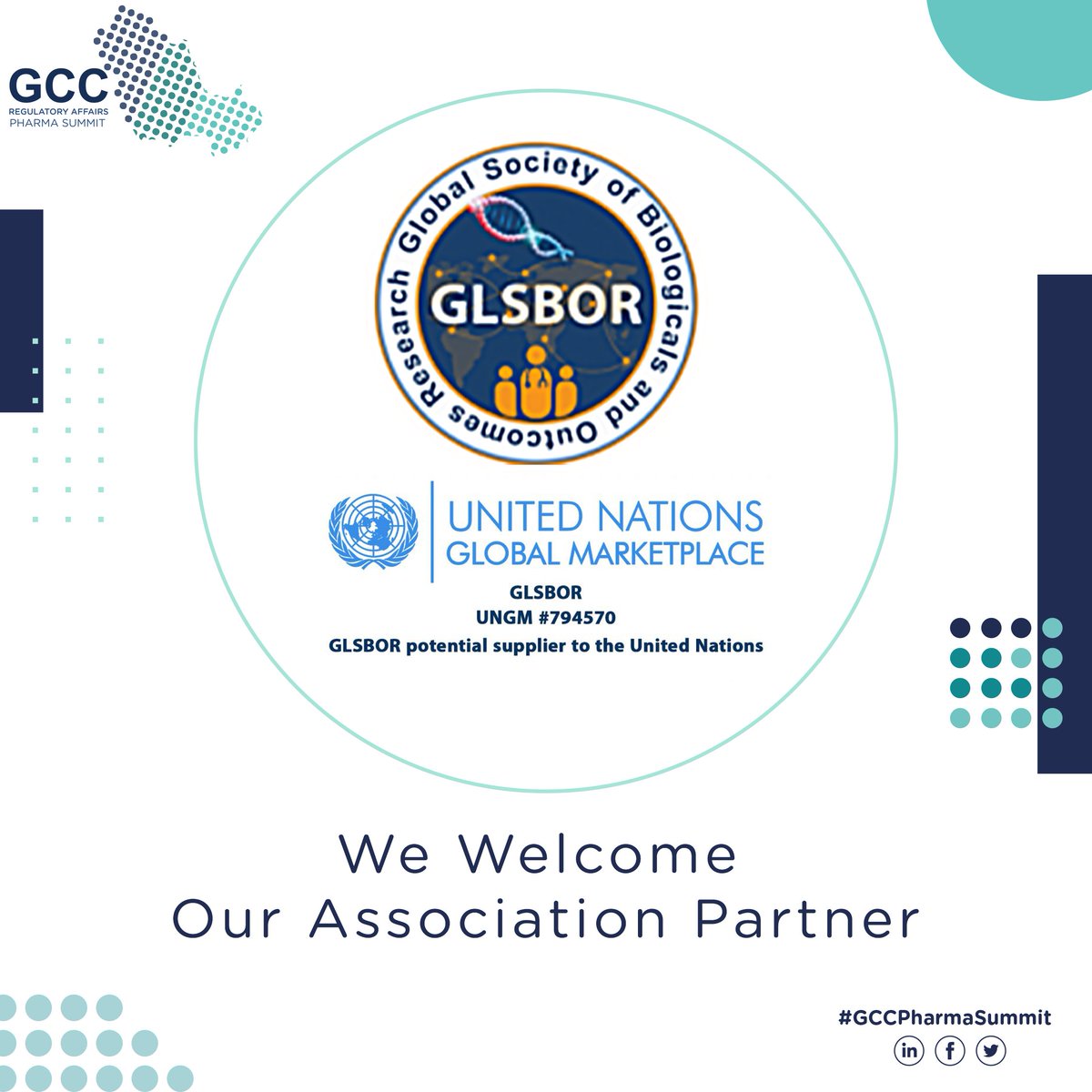 We are Elated & Honored to have #Global #Society of #Biologicals & #OutcomesResearch (#GLSBOR) join the 8th #GCCRegulatoryAffairs #Pharma Summit as an #AssociationPartner.
@unitednations

#UAE #GCC #GCCPharmaSummit #pharmaceuticals #pharmaceutical #unitednations