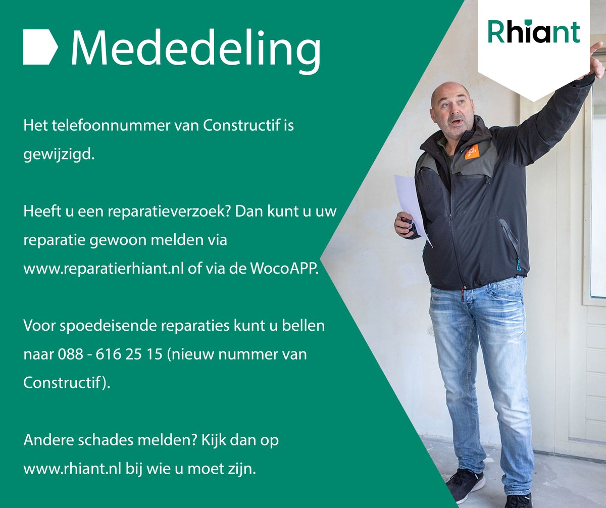 Wist u al dat het nummer van 𝐂𝐨𝐧𝐬𝐭𝐫𝐮𝐜𝐭𝐢𝐟 𝐯𝐞𝐫𝐚𝐧𝐝𝐞𝐫𝐝 𝐢𝐬? U kunt Constructif voortaan bereiken via 𝟎𝟖𝟖 - 𝟔𝟏𝟔 𝟐𝟓 𝟏𝟓. Heeft u een reparatie? Dan kunt u die gewoon doorgeven via reparatierhiant.nl of de WocoAPP.