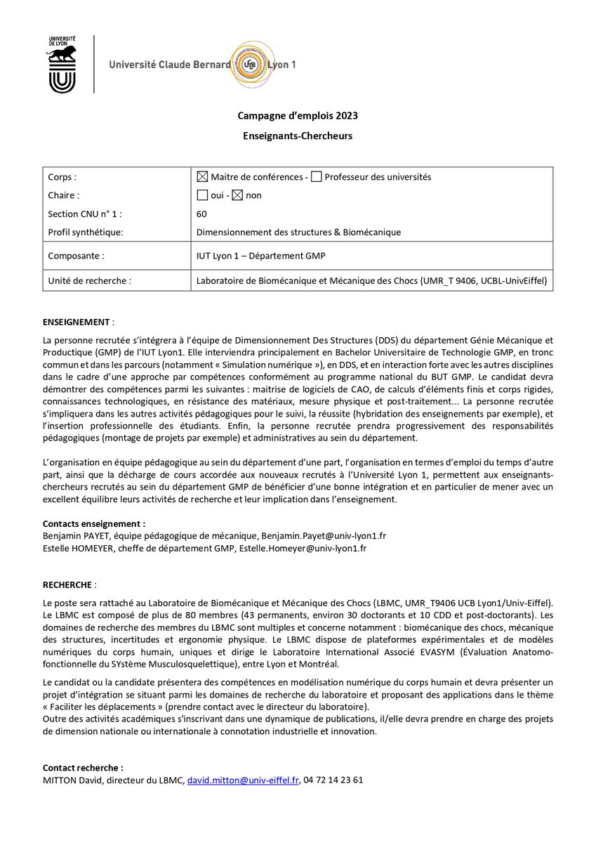 📢[Recrutement]📢
Trois postes sont à pourvoir au LBMC en 2023 !
- Un poste d'ingénieur de recherche @UGustaveEiffel en simulation numérique
- Deux postes de maître de conférences <a href="/UnivLyon1/">Université Lyon 1</a> (IUT GMP et Polytech) avec recherche sur chacun des 2 thèmes.
Informations 👇