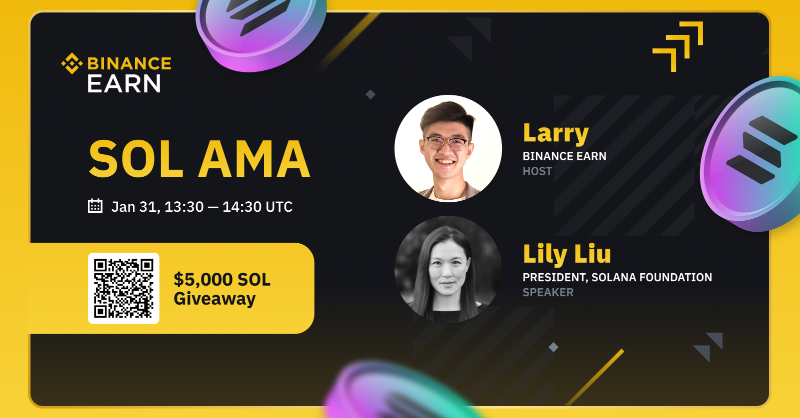 binance's tweet photo. Join us on #Binance Live for a @solana AMA with @calilyliu, President of @SolanaFndn.
 
🗓️ January 31, 2023.
⏰ 13:30 UTC.

There will also be a $5,000 in $SOL to be won - see thread on how to participate!

Set a reminder ⤵️