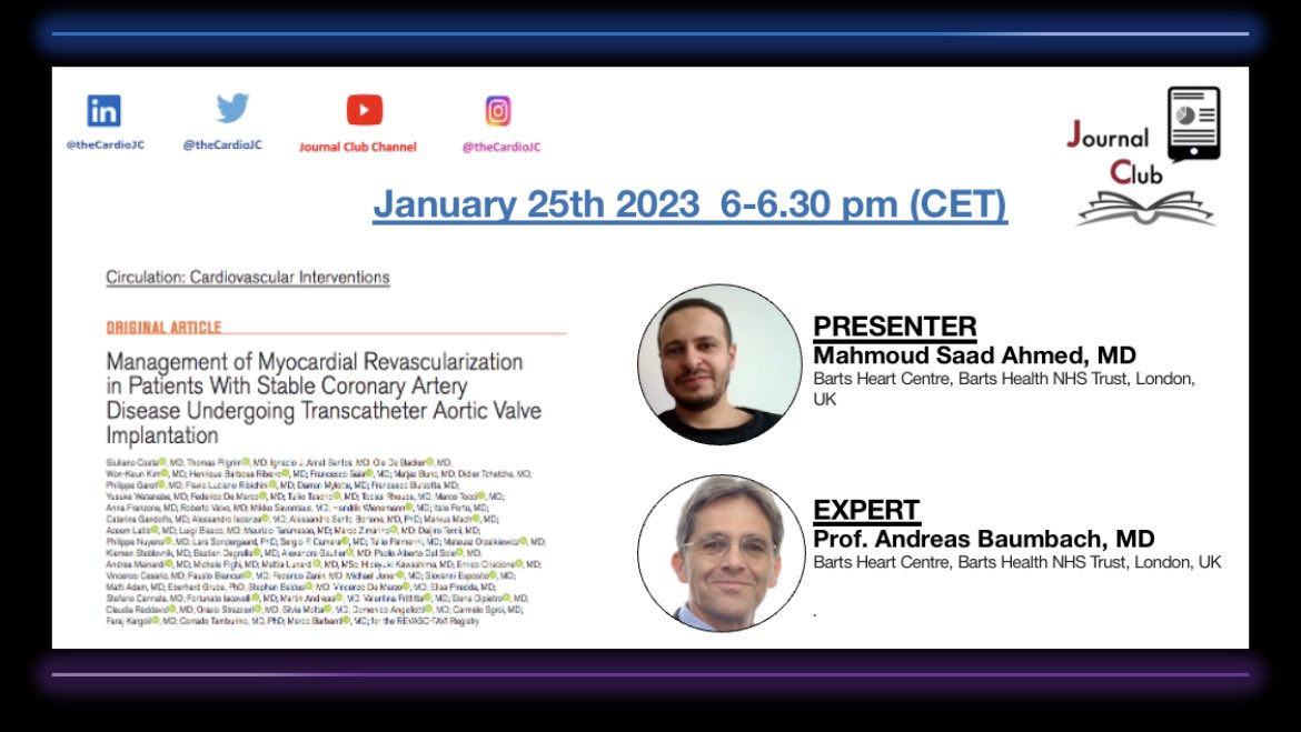theCardioJC's tweet image. 🗓️ Tomorrow 🔜 6️⃣ pm CET #theCardioJC is live

 ✅ Join Prof. @baumbach_a and Ahmed M.S. to learn about  #CAD &amp;amp; #revascularization in #TAVI

🗓️ Wed 25th Jan 
🕰️ 6.00 pm (Rome)
▶️ DM for ZOOM link