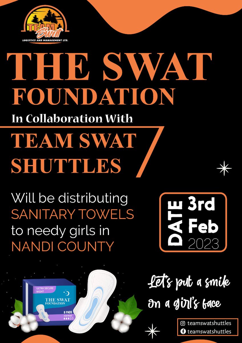 SwatShuttles's tweet photo. The SWAT foundation in collaboration with TEAMSWAT shuttles will be distributing Sanitary towels to needy girls in Nandi County on 3rd Feb 2023. https://t.co/zyDy65UzQu