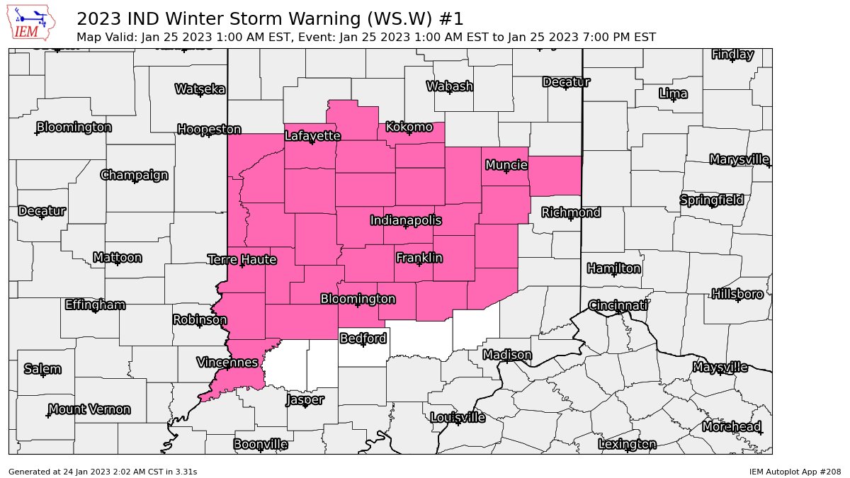 Indiana's Weather Update: 
IND issues Winter Storm Warning valid at Jan 25, 1:00 AM EST for Bartholomew, Decatur [IN] till Jan 25, 7:00 PM EST...
paulpoteet.com/2023/01/24/ind…
