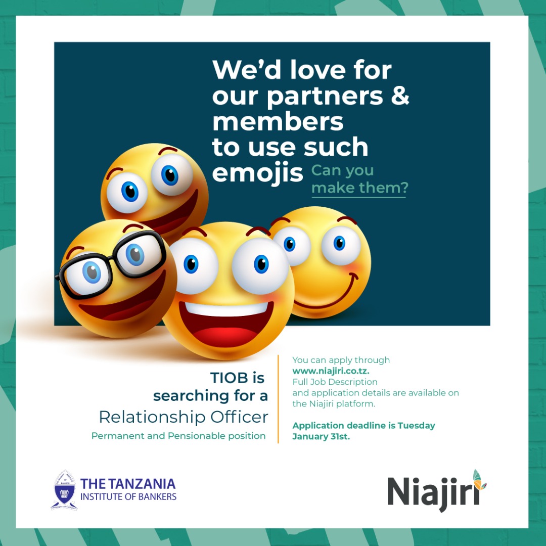 Niajiri Platform (@niajiriplatform) on Twitter photo Do you want to be part of <a href="/tiob_tanzania/">Tanzania Institute Of Bankers</a>
Position: Relationship Officer
Contract: Full time
Deadline: 31st January 2023
Location: Dar es salaam
The position is on at our website click the link below to apply niajiri.co.tz/job-position/8…
#Niajiritz
#career
#job Do you want to be part of <a href="/tiob_tanzania/">Tanzania Institute Of Bankers</a>
Position: Relationship Officer
Contract: Full time
Deadline: 31st January 2023
Location: Dar es salaam
The position is on at our website click the link below to apply niajiri.co.tz/job-position/8…
#Niajiritz
#career
#job