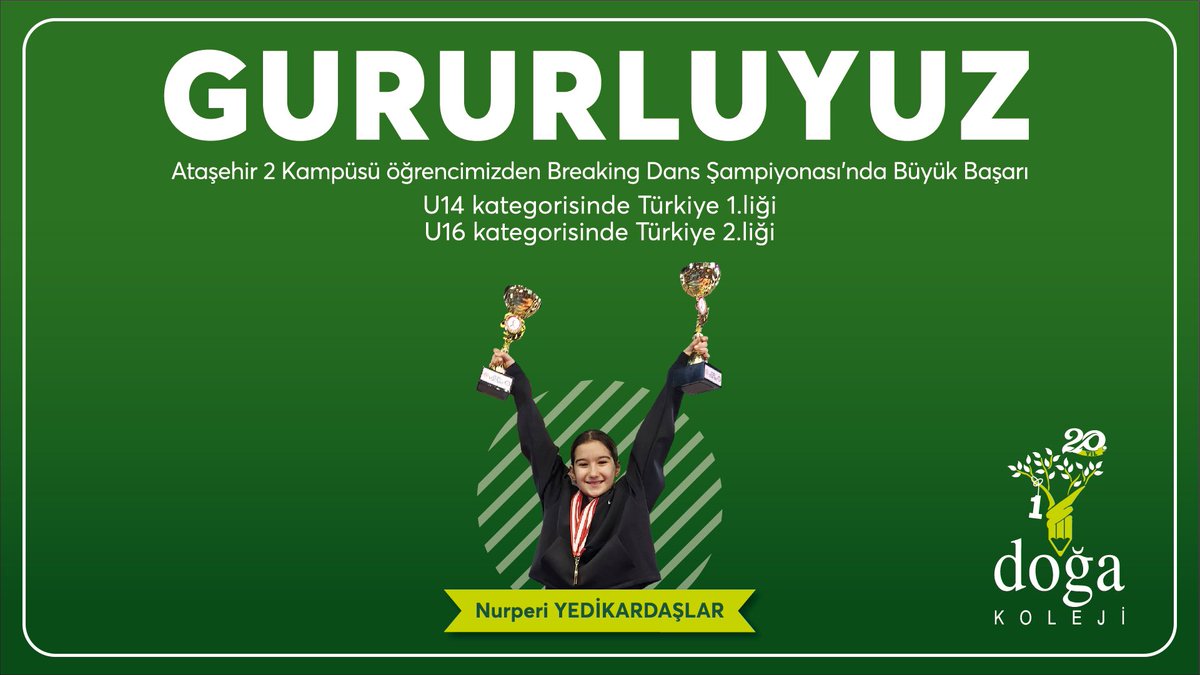 GURURLUYUZ👏🏻
Ataşehir 2 Kampüsü öğrencimiz Nurperi Yedikardaşlar, Breaking Dans Şampiyonası U14 kategosinde Türkiye 1.si, U16 kategorisinde Türkiye 2.si oldu. Öğrencimizi tebrik eder, başarılarının devamını dileriz.
