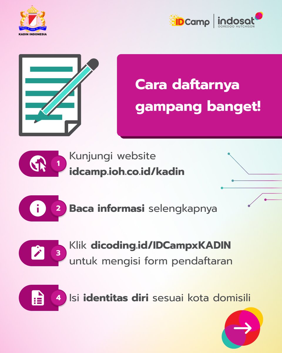 idcamp_indosat's tweet image. Ikuti thread ini, untuk tahu cara pendaftarannya 👇
Dan raih kesempatan belajarnya
Untuk jadi talenta digital terdepan!
#IDCamp #BeasiswaCoding #DicodingEvent #offlineevent #IDCampxKADIN #IndosatOoredooHutchison #IDCamp #IDCamp2023 #Beasiswa #BeasiswaCoding #BeasiswaIDCamp