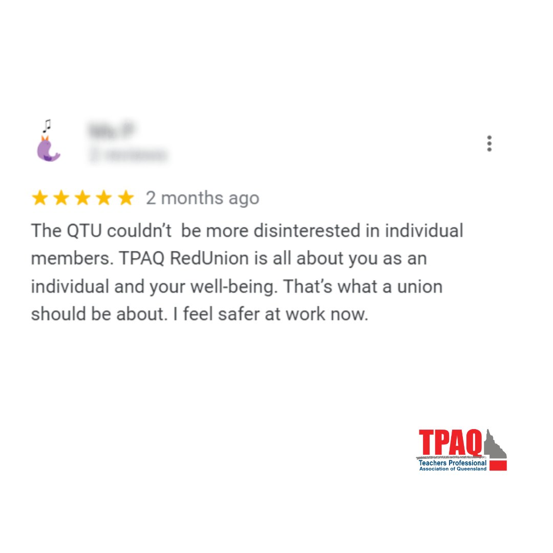 TPAQld's tweet photo. Tuesday is for TUEStimonials 📝
Another happy member shares their TPAQ experience
⭐⭐⭐⭐⭐
To find out more about TPAQ and become protected today visit: https://t.co/aO9x2LuaMM
#TPAQ #Review #QLDteachers #education #teachersunion #RedUnion https://t.co/lqizDZ3cU2