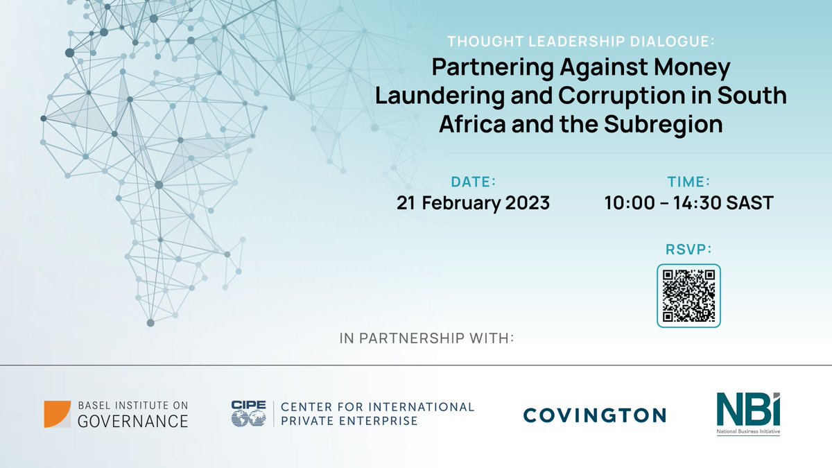 FightBribery's tweet photo. 1/4 @FightBribery together with @NBISA, @CIPEAfrica @CIPEglobal and @CovingtonLLP invites you to join us for an upcoming Thought Leadership Dialogue: Partnering Against Money Laundering and Corruption in South Africa and the Subregion, on 21 February 2023. https://t.co/Ht3SdToWaD