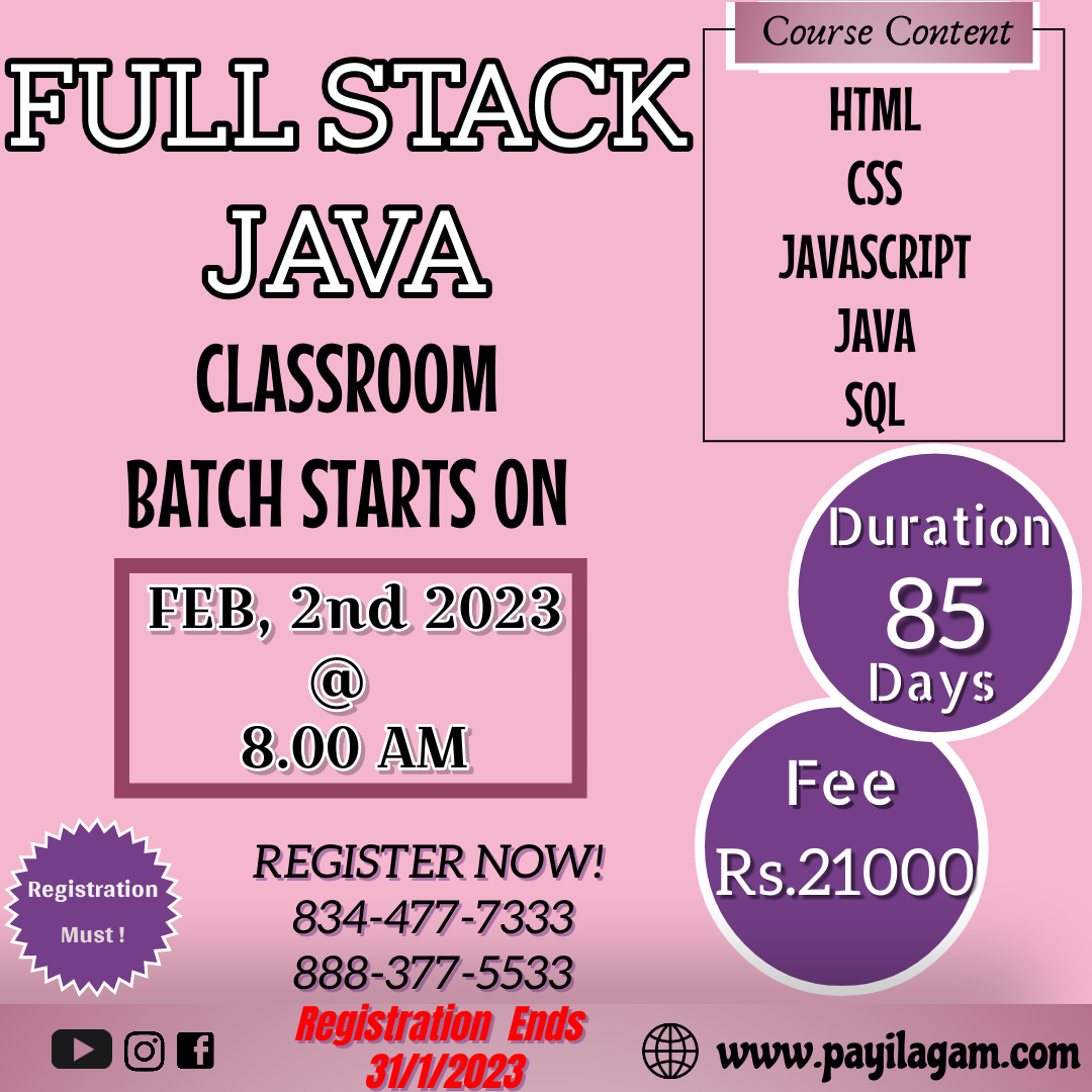 payilagam's tweet photo. Full Stack Java Batch Starts On Feb, 2nd 2023 @ 8.00 AM 
#payilagam #java #javatraining #javaclass #javatraining #java #javatraining #javatrainingcenter #javatraininginstitute #javaclasses #javadeveloper https://t.co/0ek1ehyluK