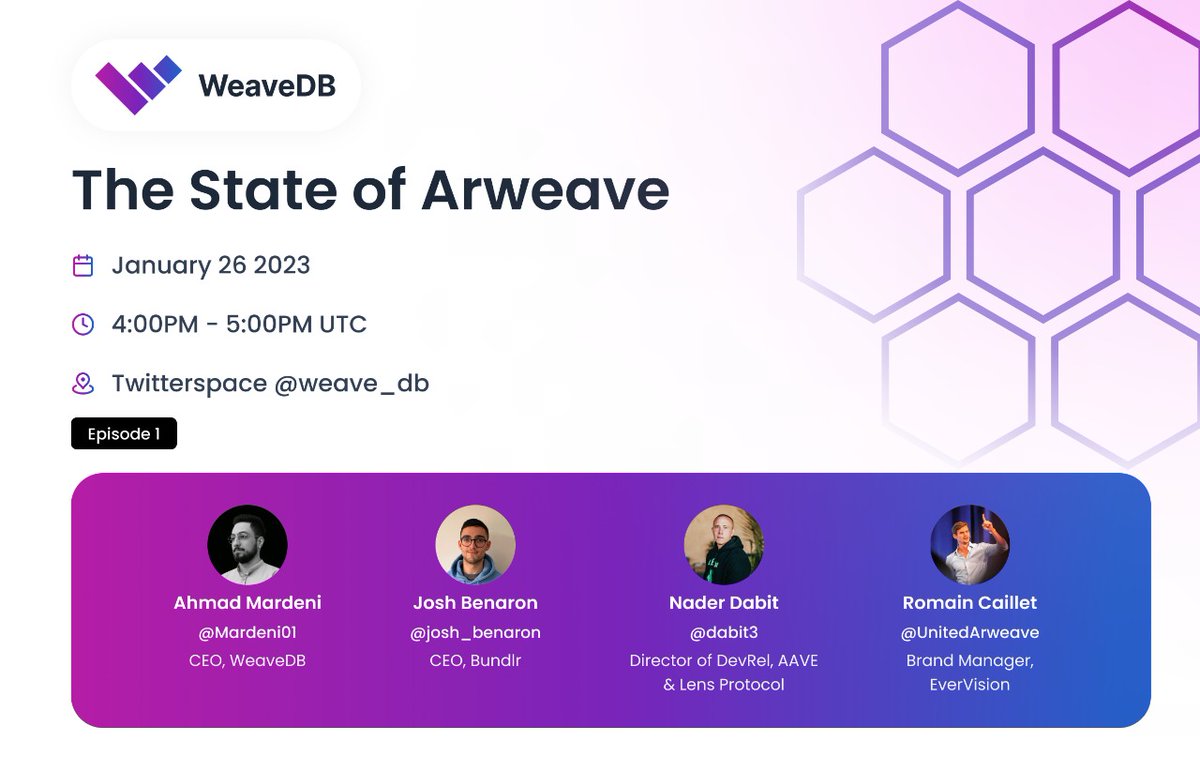 wdbdev's tweet photo. Attention all Arweave enthusiasts! We are excited to announce the launch of our new Twitter Space, "The State of Arweave"!🧬
Set a reminder now and join us for the first episode:
https://t.co/g83RUXHQeB
👇🧵 https://t.co/lAgvfQJUnn