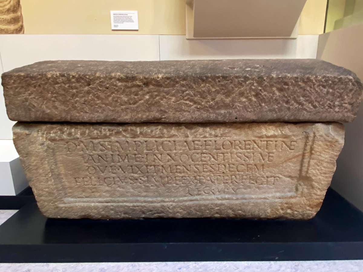 The inscribed stone sarcophagus of the infant Simplicia Florentine who died at only 10 months, dedicated by her father Felicius Simplex of the Sixth Legion. 3rd-4th century CE.  Roman Eboracum (York). On display @YorkshireMuseum  #TombTuesday #EpigraphyTuesday