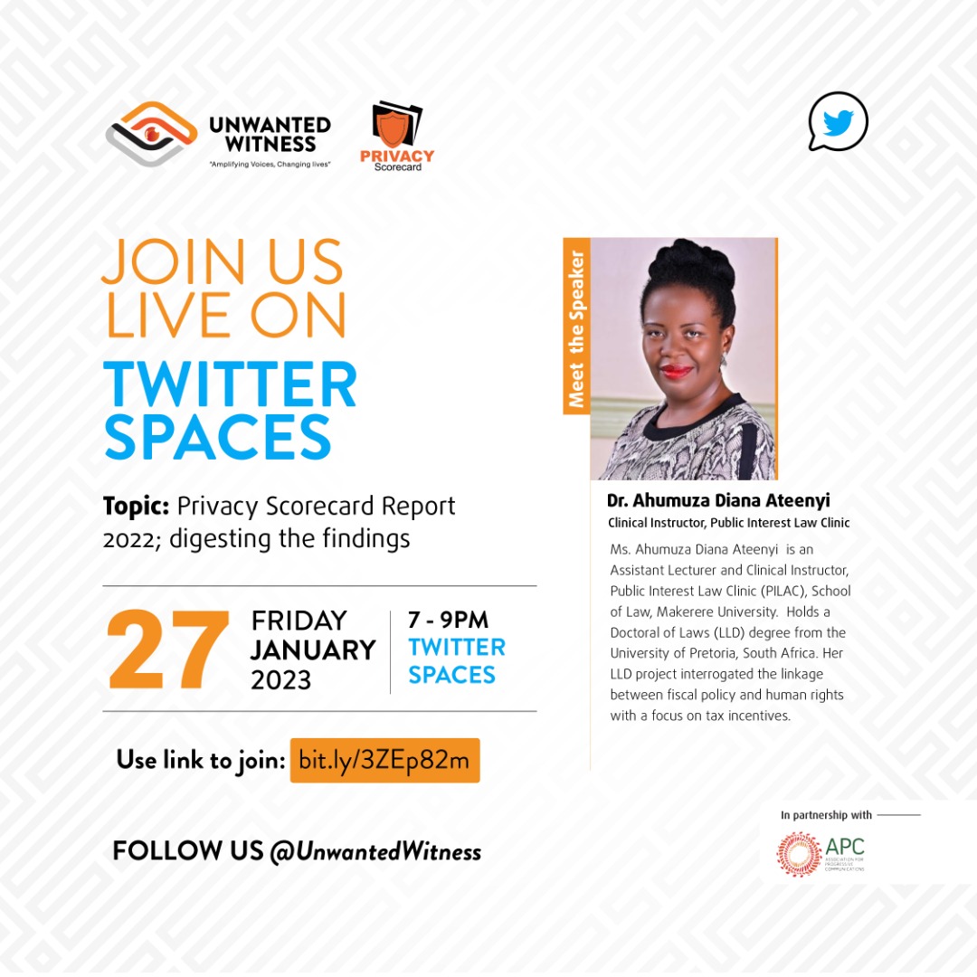 UnwantedWitness's tweet image. Meet the speakers of our upcoming #twitterspace that is happening this  Friday .🥳
Set your reminder now 👇


#PrivacyScorecard2022
#DataPrivacyDay 
#DataPrivacyWeek 
#Beeramu 
#YesToCompliance
