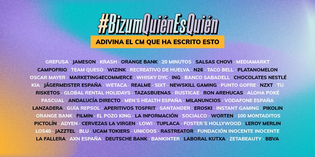 Bizum_ES's tweet image. ⚠️ ATENCIÓN FOLLOWERS ⚠️ Hoy los CM's os ponemos a prueba. En este hilo encontraréis un tweet representativo de cada CM y debéis adivinar qué marca es. Contestad con #BizumQuiénEsQuién, estaremos muuuy atentos a las respuestas 😉 Estos son los participantes👇 LET'S GO!