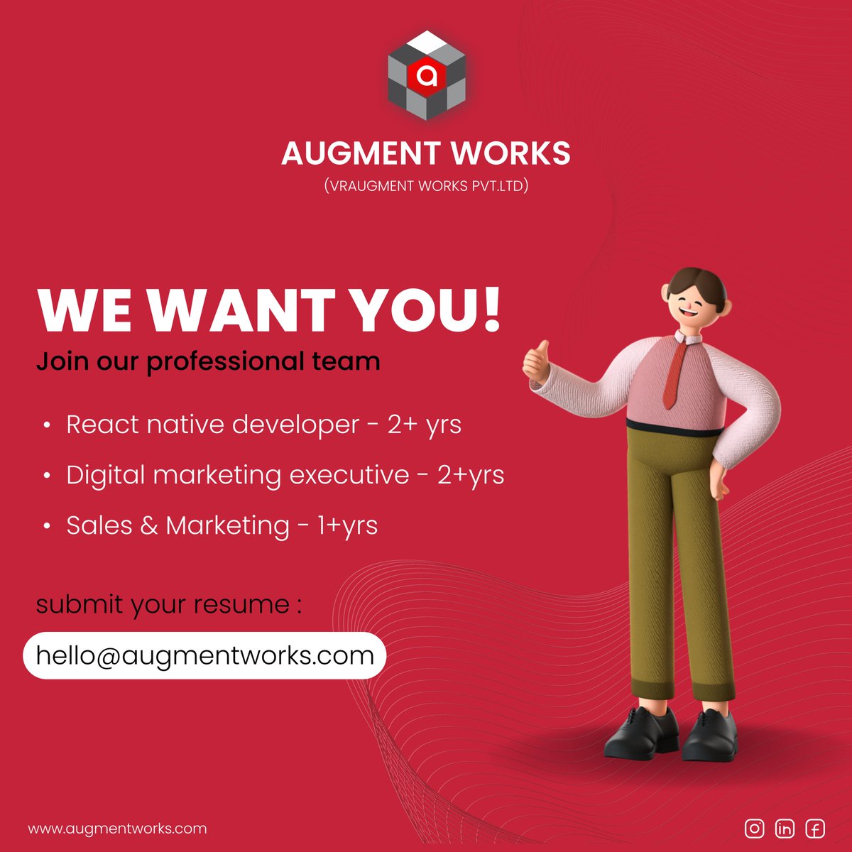 AugmentWorks123's tweet photo. Yes, you heard it right, Augment works is hiring. 

Want to work with an enthusiastic team, share your resume on hello@augmentworks.com

About Augment Works https://t.co/sY5tXgpxzD

#Augmentworkshiring #Augmenthiring #Punehiring #augmentworks #customizedweb
#customizedapp https://t.co/1hf6OunyIJ