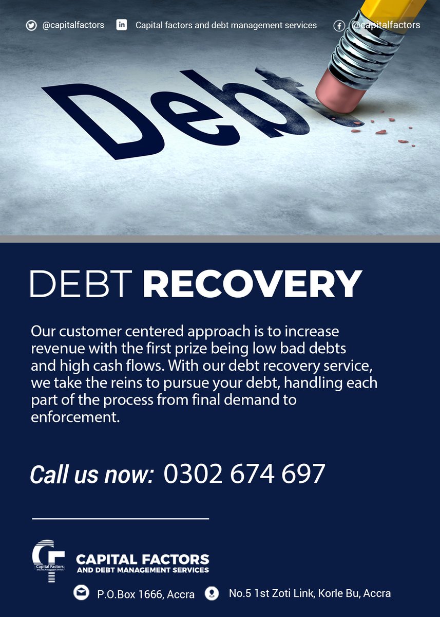 capitalfactors's tweet photo. Debt Recovery is what we do.
Call us today on 0577669030 / 0577669039 / 0302674697
#debtrecovery #services #debtfeelife https://t.co/7OyCIkasAV