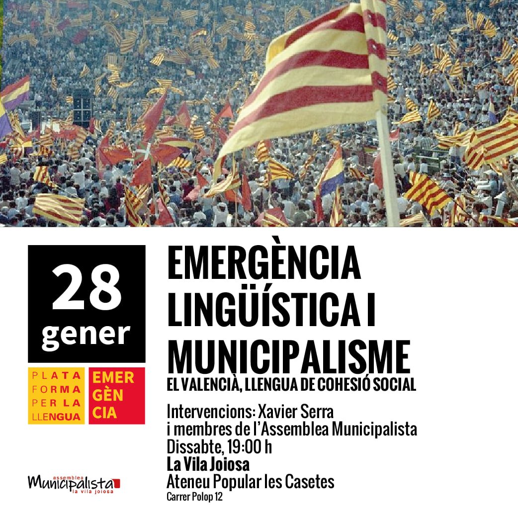 Ens veiem a <a href="/Ate_Pop_La_Vila/">Ateneu Popular Les Casetes</a> per parlar de llengua i municipalisme. Presentarem les primeres propostes per a les eleccions de maig, i volem comptar amb més idees; així que et convidem a participar al debat i ajudar-nos a fer del valencià una llengua de totes, una llengua de país.