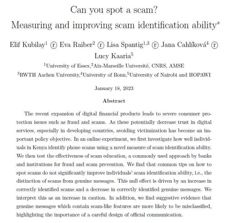 evaraiber's tweet photo. Excited to share our new discussion paper @cepr_org:

Can you spot a scam? Measuring and improving scam identification ability

In an online experiment, we test the effectiveness of scam education on a novel measure of scam identification ability. https://t.co/uuWfnt1iVF