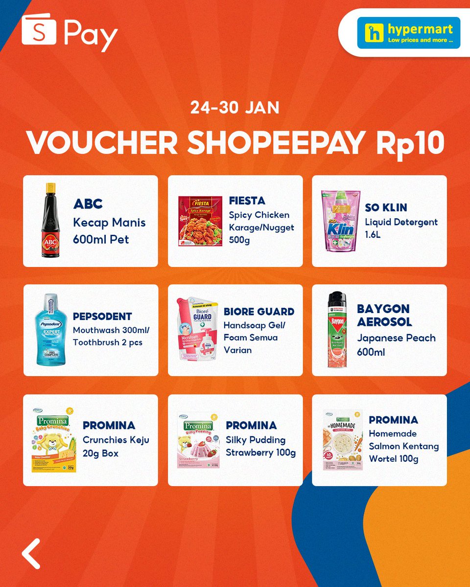 ShopeePay_ID's tweet image. Akhirnyaaaa promo hypermart balik lagi!😍

Asik, besok setelah gajian bisa langsung belanja bulanan! Karena sampai tanggal 31 JAN kamu bisa dapetin VOUCHER DISKON 100% kalau pakai VOUCHER SHOPEEPAY di HYPERMART!😎

Cuss cek gambarnya buat lihat produk-produknya, ya!🧡

#Hypermart