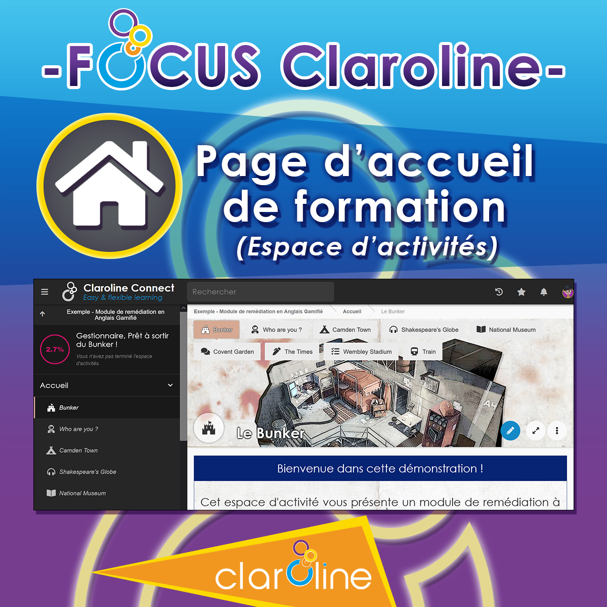 Focus Claroline : page d’accueil de formation - espace d’activité. Interface pour animer en distanciel ou présentiel, automatiser des tâches et scénariser la formation ! V13.7 youtu.be/tkl9EfK531c #lms #elearning #lcms #training #formation #apprentissage #digitallearning
