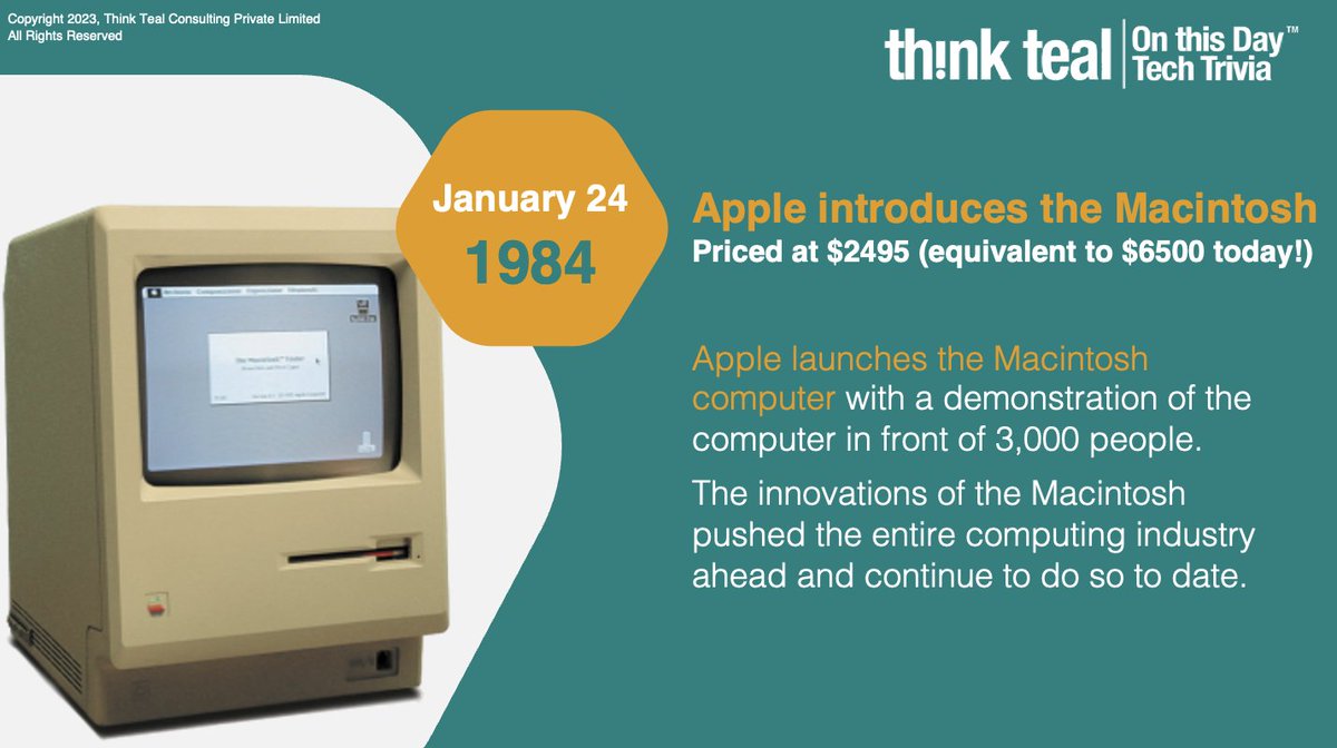 ThinktealIndia's tweet photo. Think Teal | On This Day Tech Trivia | January 24

#technologythatyear #thisdatethatyear #techtrivia #thinkteal https://t.co/VTpMFejU7v
