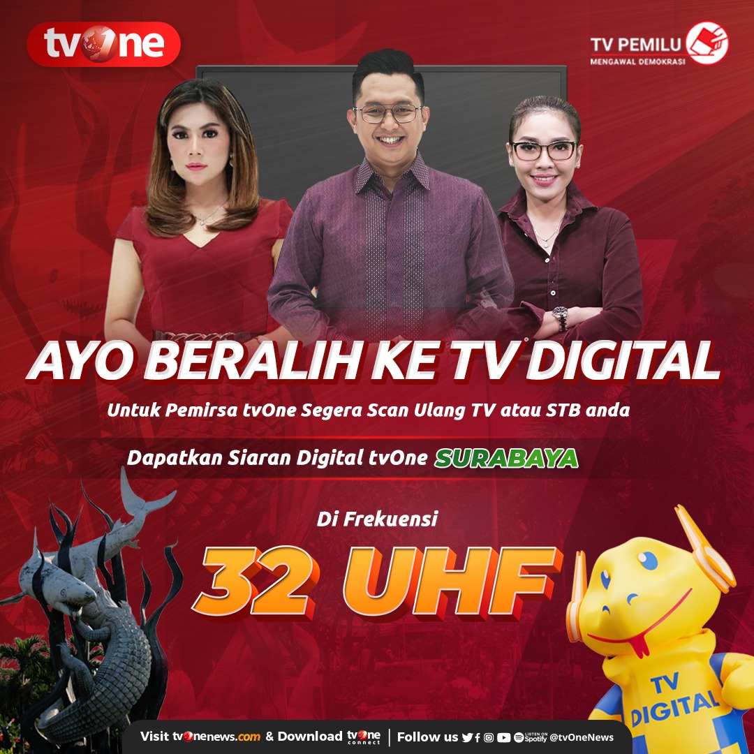 tvOneNews's tweet photo. Hallo pemirsa setia tvOne!

Segera lakukan scan ulang Set Top Box (STB) atau TV Digital untuk mendapatkan Channel tvOne di Surbaya pada Frekuensi 32 UHF.

#tvOne #tvOneDigital #CariBeritaditvOne #migrasisiarandigital #analogswitchoff #Surabaya https://t.co/LY5ZE5gfaK