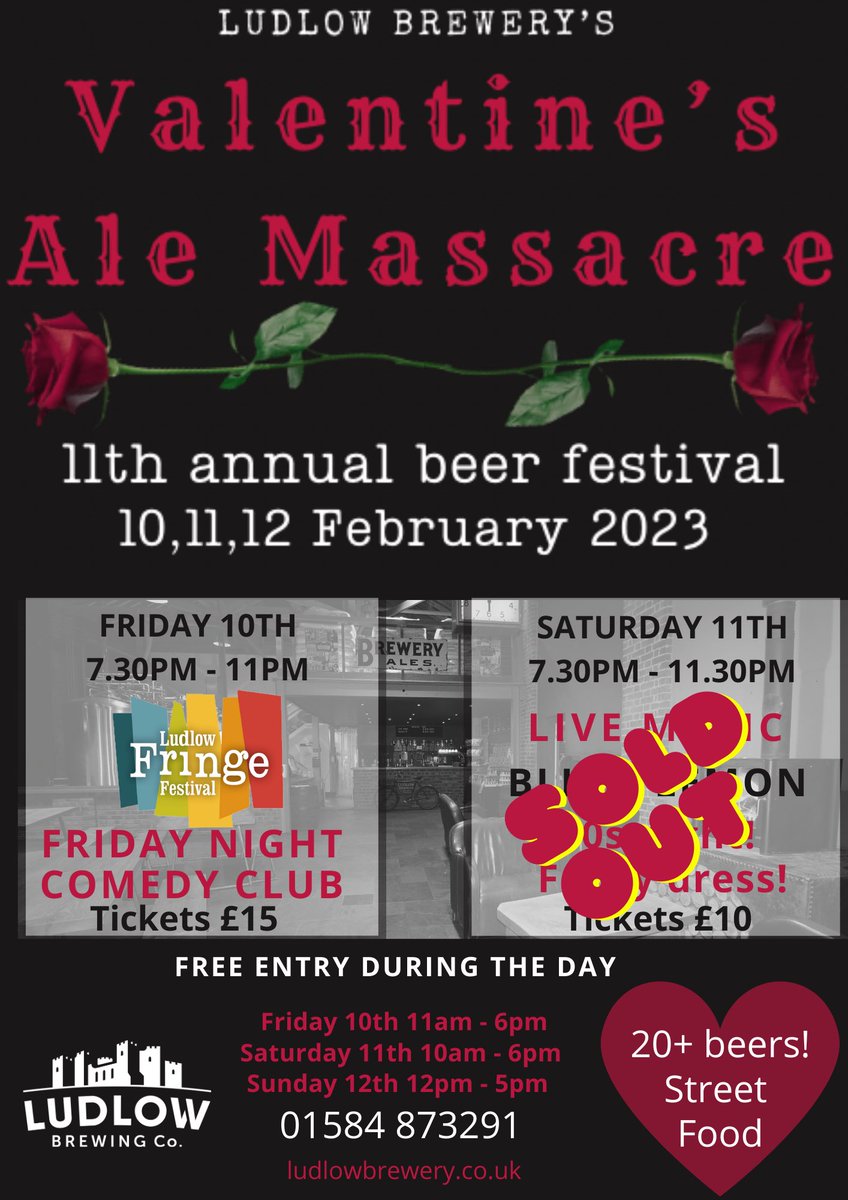 Date for your diary! Are you ready to BEER our Valentine? 10-12 FEBRUARY. The 11th Ludlow Brewery Valentine's Ale Massacre. ❤️ 🍻 #ludlowbrewery #beerfestival