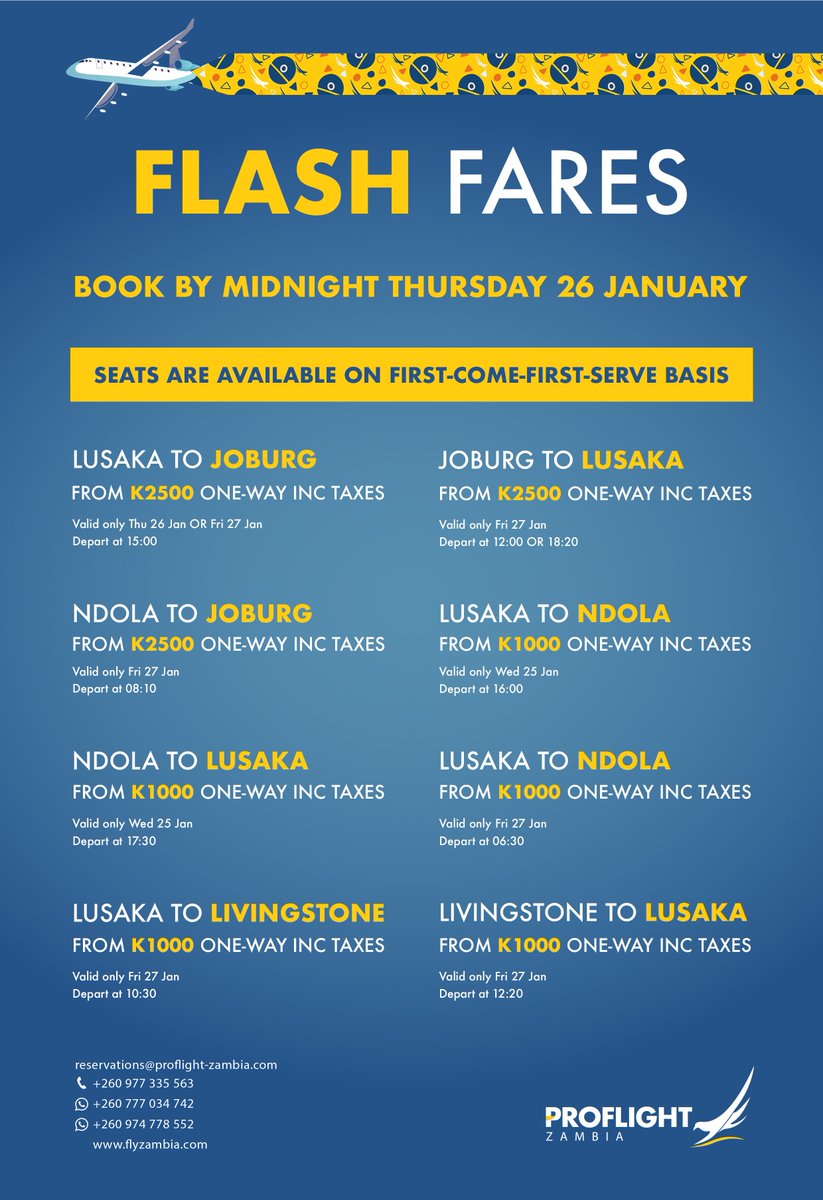 proflightzambia's tweet photo. FLASH FARES ALERT! π¨
#Soar with #ProflightZambia #FlashFares
Book online at https://t.co/koukLGQ6sW or via:
reservations@proflight-zambia.com
πΏπ² +260 971 246950/ +260 211 252476
πΏπ¦ +27 (0) 87 138 5203
WhatsApp +260 777 034 742
Last booking day is Thurs 26 January
#PlaneSmart https://t.co/l8OMUbjdF1