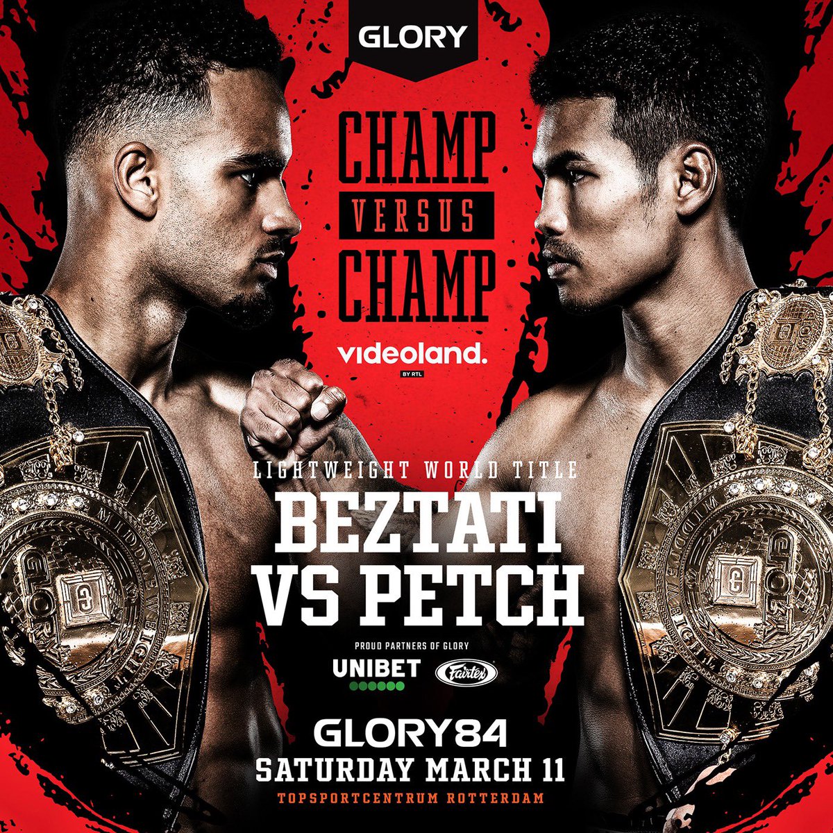 Champ vs Champ. GLORY Featherweight Champion Petchpanomrung Kiatmoo9 taking on Light Weight GLORY champion Tyjani Beztati only <a href="/GLORY_WS/">GLORY Kickboxing</a>