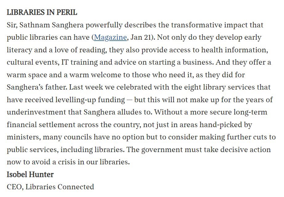 “The government must take decisive action now to avoid a crisis in our libraries”. Thank you to <a href="/thetimes/">The Times and The Sunday Times</a> for printing my letter today
