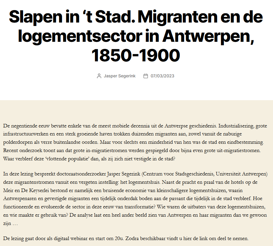 De 19de eeuw wordt vaak gekarakteriseerd als de tijd van de 'rurale exodus', maar slechts voor enkelingen was de stad een eindbestemming. 7 maart geef ik een lezing voor het GvAG over mobiliteitsstromen in 19de-eeuws Antwerpen vanuit een vergeten instelling: het logementshuis👇