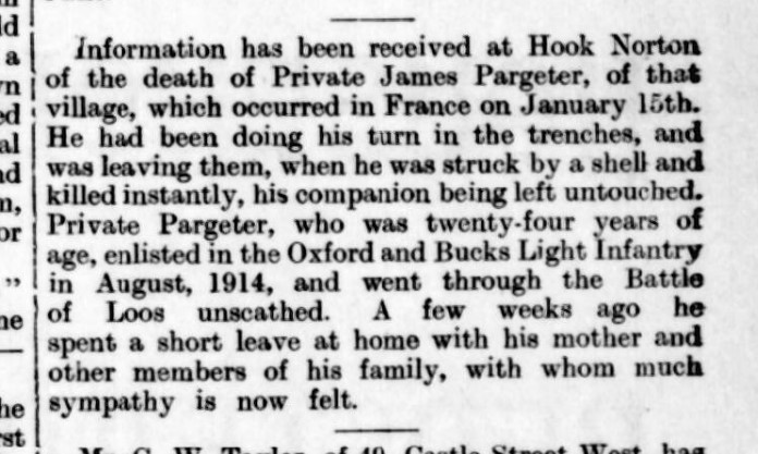 Lucky to find a death plaque to my 1st Cousin 3 times removed. Private 11253 James Henry PARGETER 5th Btn Ox &amp; Bucks. Born on 11 September 1891 in Hook Norton, Oxon. On 14th January 1916 he was killed by a shell. He has no known grave and is remembered on the Menin Gate at Ypres.