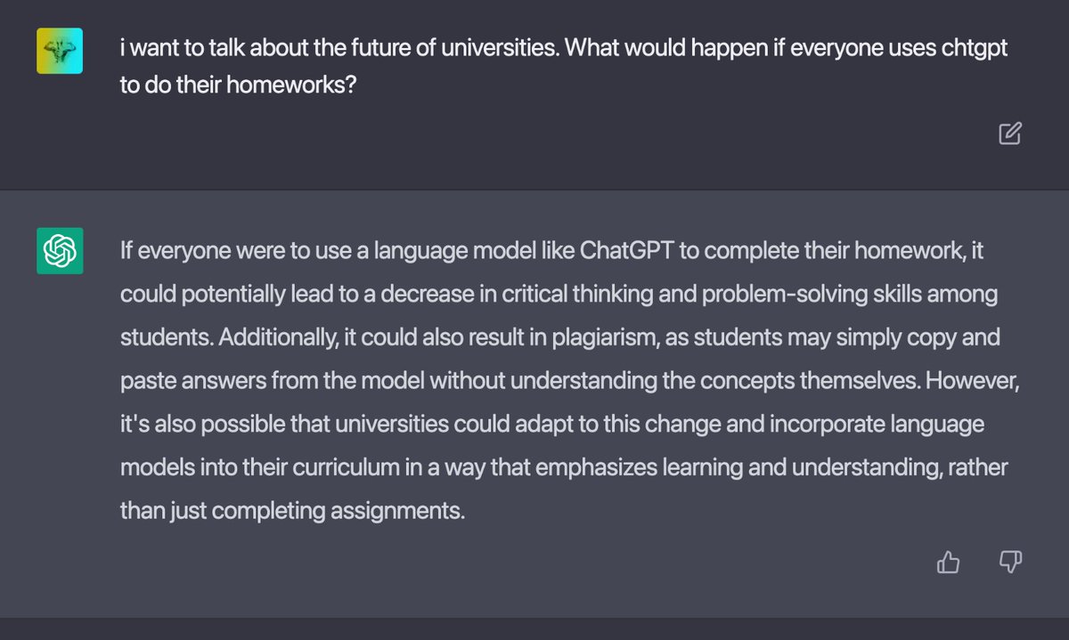 This is what ChatGTP has to say about what universities should do about ChatGPT. We need to adapt, and fast. We can use ChatGPT to enhance discussion & understanding among students and ourselves. #ChatGPT #educationofthefuture #learning #adapting #AcademicTwitter @AdamLawSchool