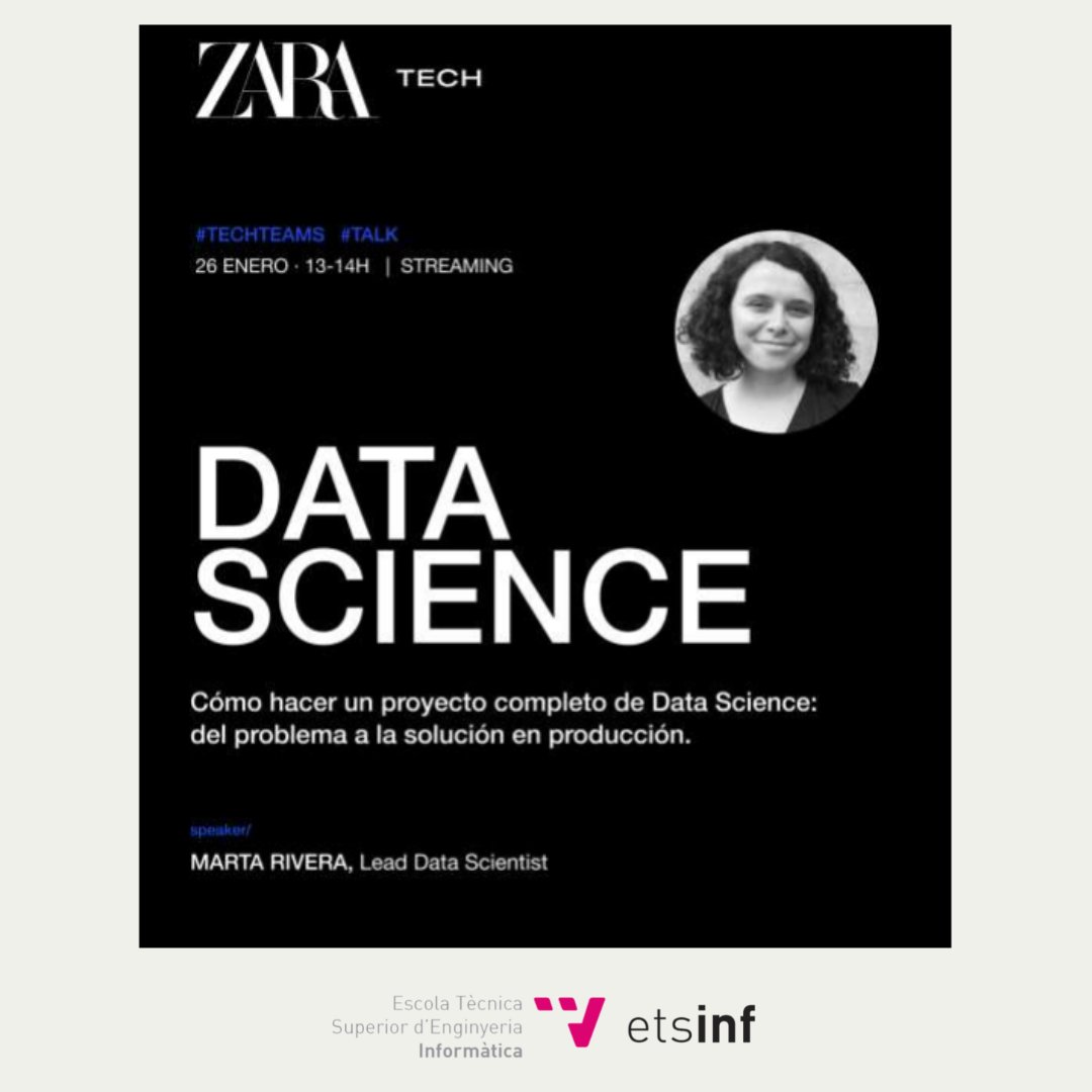 etsinfupv's tweet image. El jueves tendrá lugar la charla de #ZaraTech sobre “Cómo hacer un proyecto completo de Data Science: del problema a la solución en producción&quot;
🗣Marta Rivera, Lead data scientist, es la ponente que imparte la sesión
📅 26/01
⏰ De 13 a 14h
💻 Streaming
📝 ow.ly/cNCt50MxQ2O