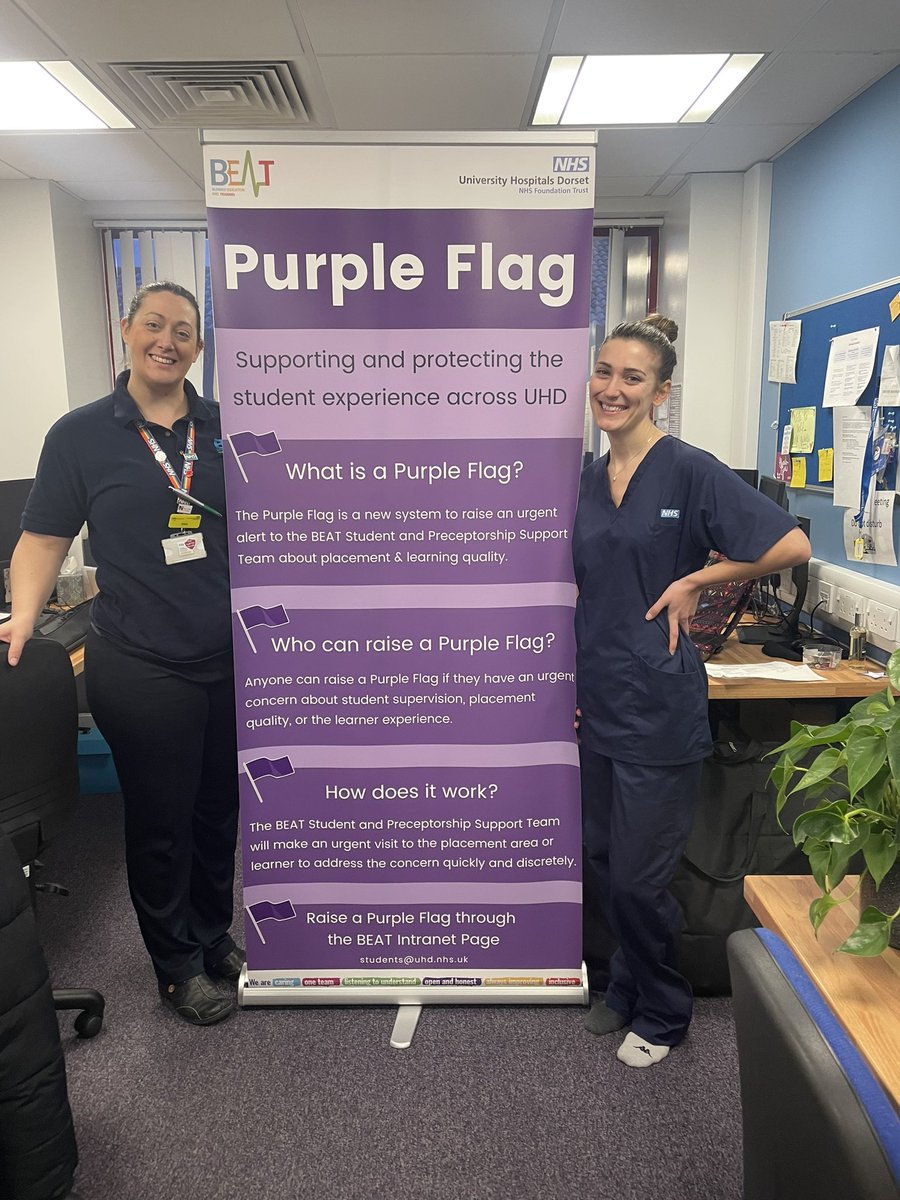 Very proud of our new QI initiative @UHD to introduce the Purple Flag student nurse system to report learning environment concerns in the moment with a response to concerns within 24 hours. Brilliant idea of Fiona Hoskins @paula_shobbrook @hoskins326 @AllmanKaren @BEAT_UHD