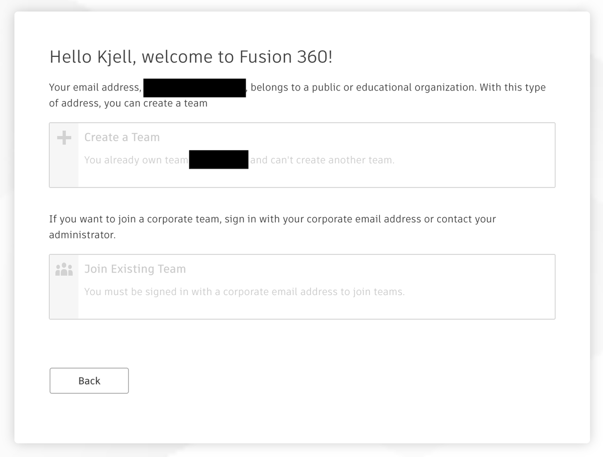 Kjellski's tweet photo. @adskFusion360 I can't login to my Account anymore because I'm part of a Team and can't create one and also can't join an organization because I'm a private user... you've successfully locked me out of Fusion now. How to proceed? https://t.co/S4gZ5IC8ME