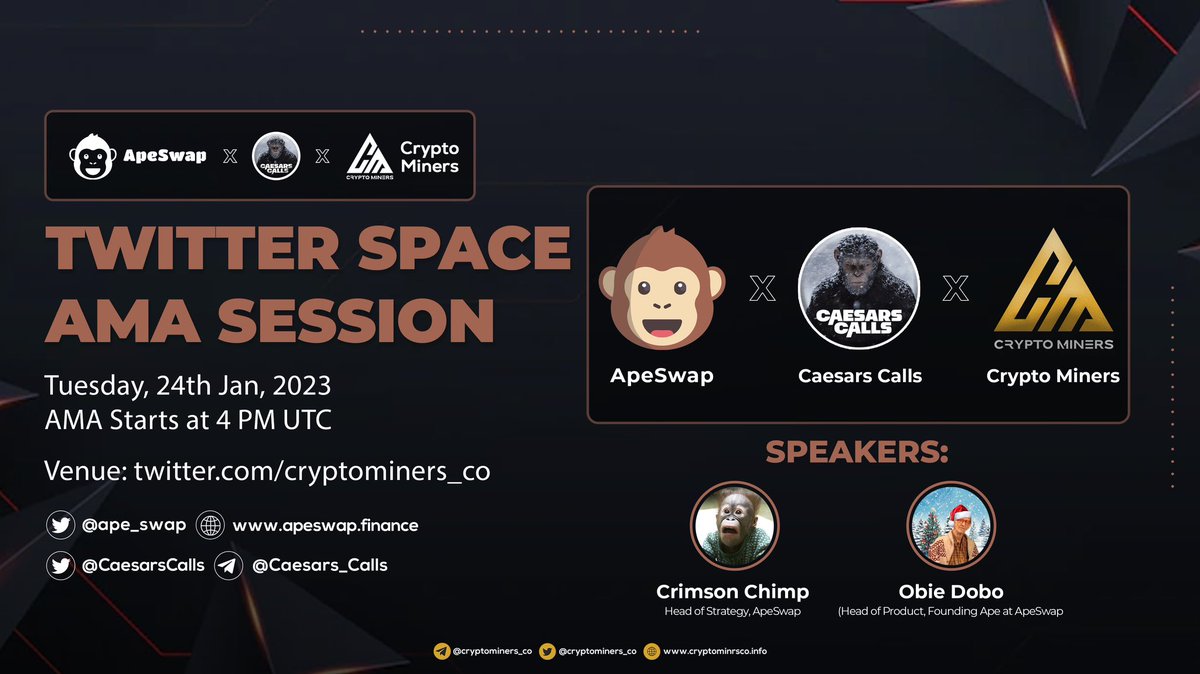CryptoMiners_Co's tweet photo. 🎙️Join us &amp; @CaesarsCalls for the special Twitter Space #AMA with ApeSwap 🍌 

🕰️ 24th January at 4 PM UTC
🎙️Guest: @Obie_Dobo &amp; @Crimson_Chimp 

📌 Set reminder: https://t.co/vqaBv4Az8f
🍌 Pool: $100

〽️Rules:
1⃣ Follow @Cryptominers_co &amp; @ape_swap 
2⃣ Like &amp; RT
3⃣ Comment Qs https://t.co/WK8hClhrkE