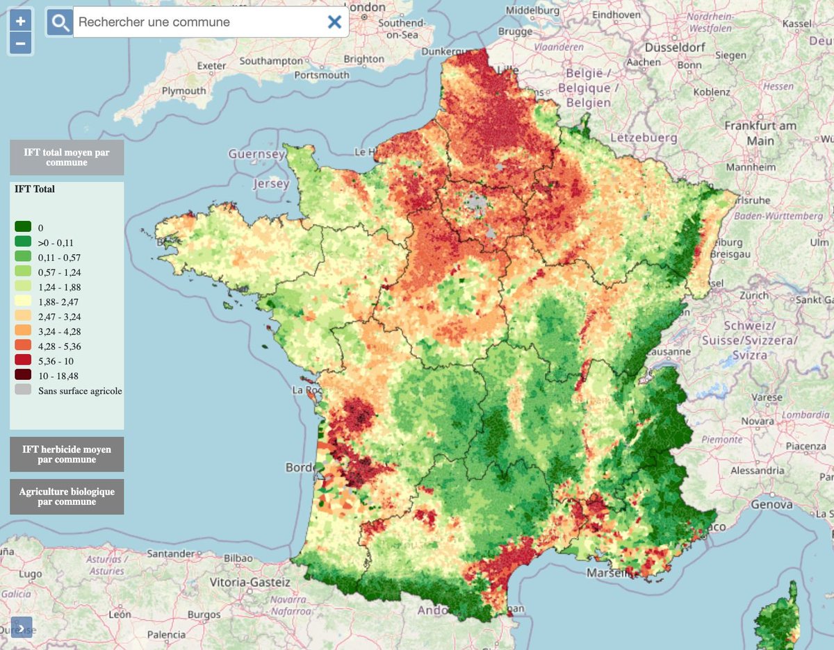 AssetTracePro's tweet photo. Une carte qui explique pourquoi les hérissons et les abeilles disparaissent !
Elle représente le % de pesticide dans le sol par commune. Des chercheurs ont même révélé qu'un demi-million de morts par an seraient indirectement attribuables au déclin des insectes. Bifurquons, vite. https://t.co/ahRFVHRnWF